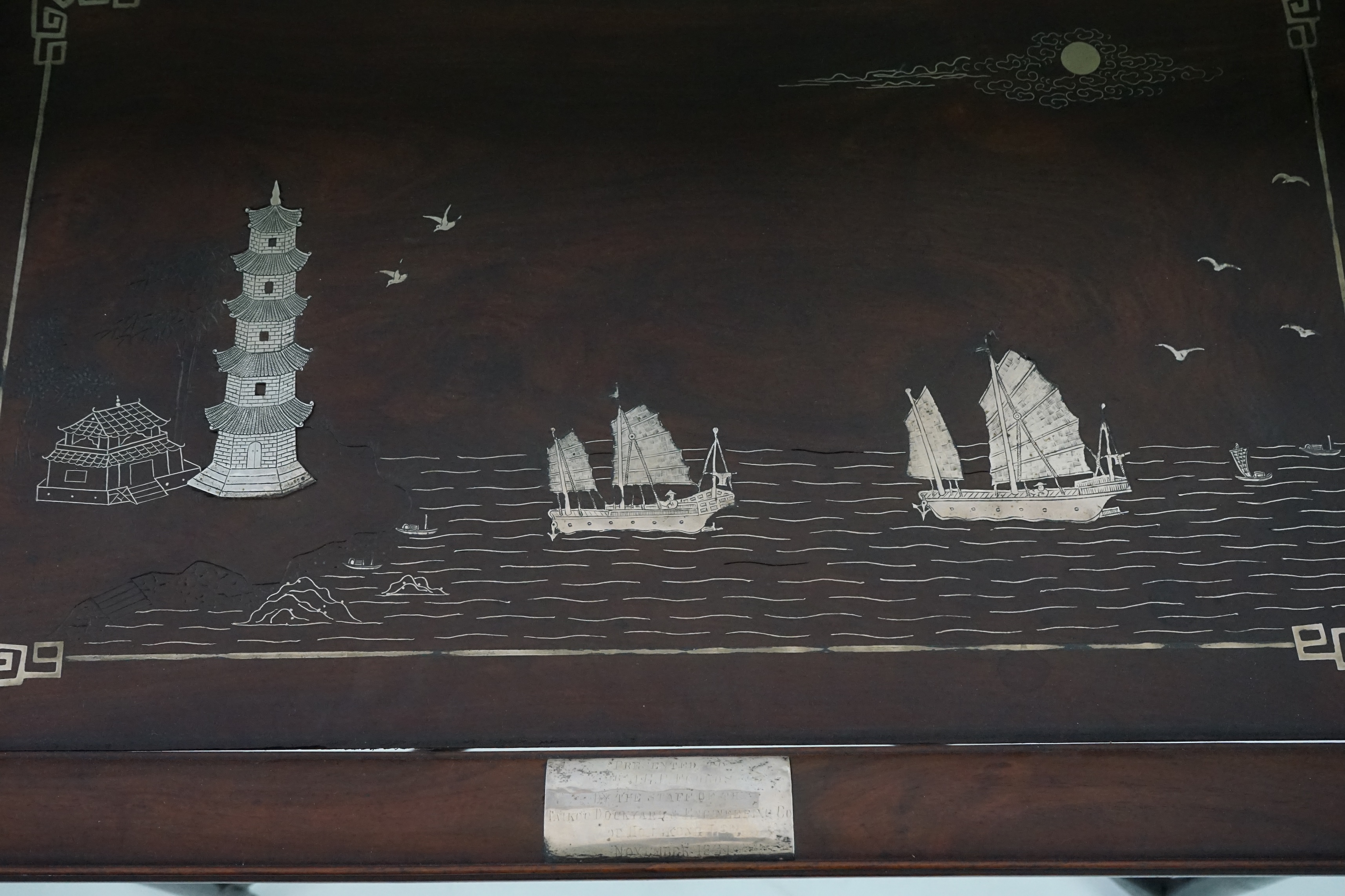 A large Chinese hongmu and silver mounted tray and stand, c.1900-10